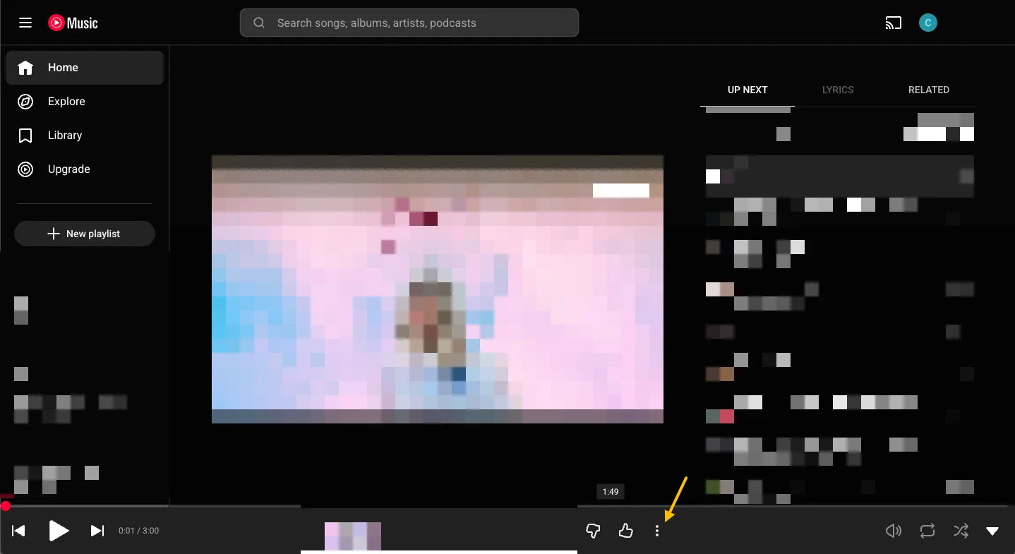 Head to music.youtube.com and locate your desired track. Click the three-dot menu (⋮) near the playback controls.